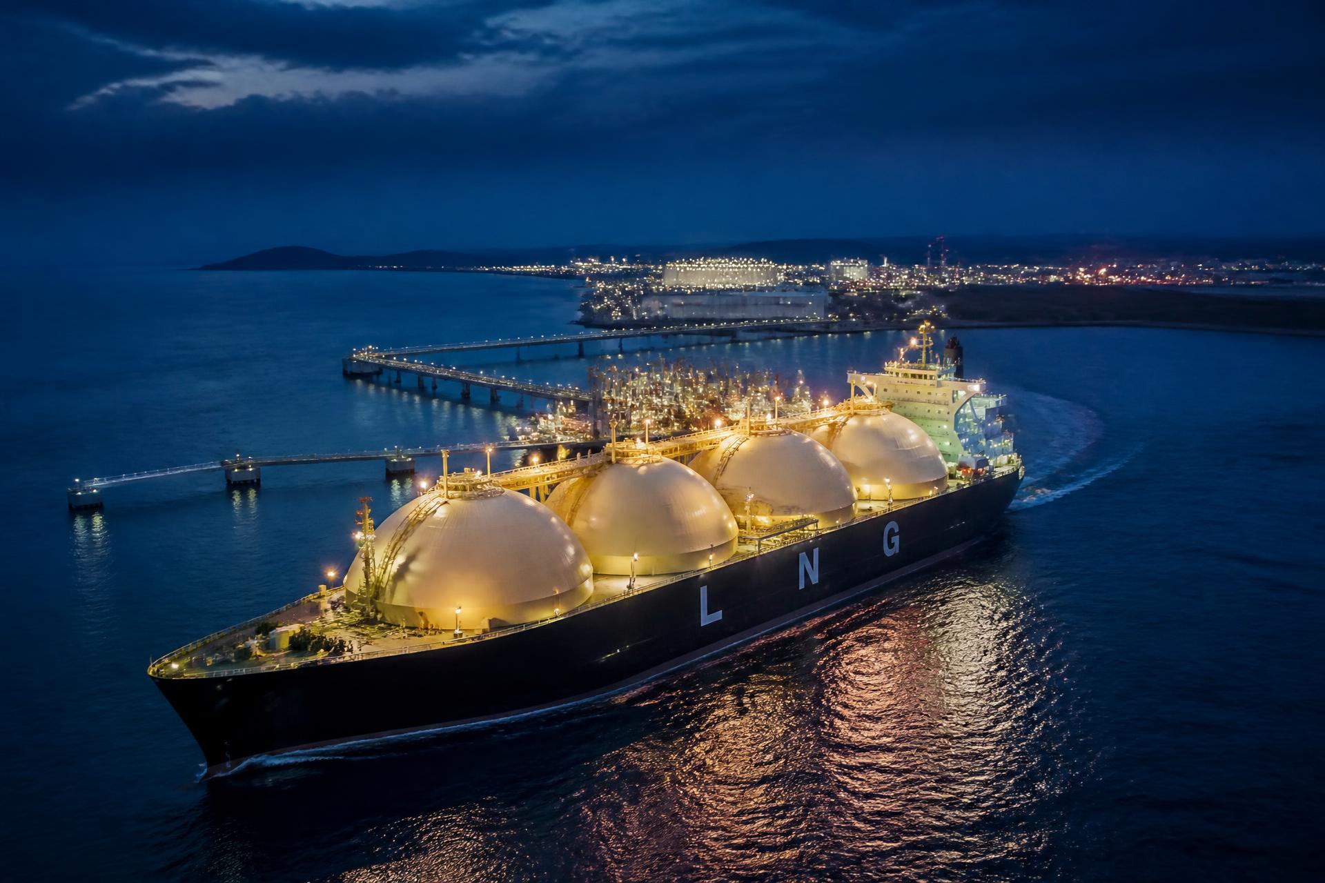 An LNG tanker departing an Australian coastal export terminal at dusk